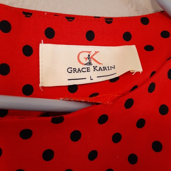 Grace Karin Pinup Fit and Flare Red with Black Polka Dots Dress Large - Picture 3 of 4